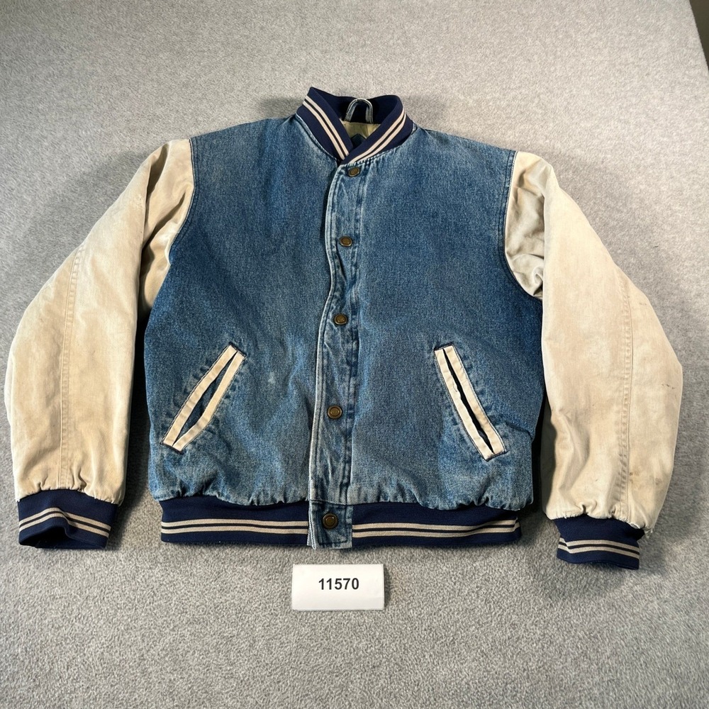 Yukon Trail Mens Denim Varsity Jacket Blue Tan Canvas Sleeves Quilted Lined XL
